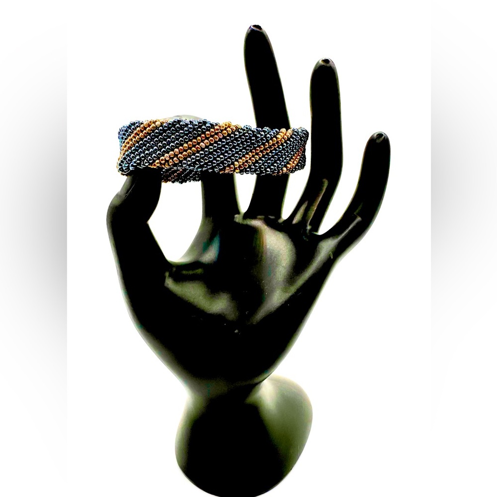 NWOT Elegant Bronze & Blue Bracelet Acrylic Beads w/Silver Clasp, Excellent Cond
